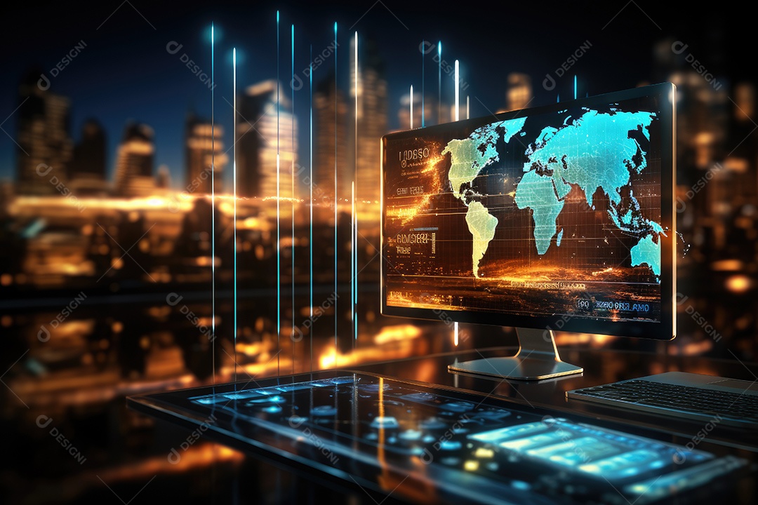 Diagramas de gráficos econômicos de segurança e financeiros em telas digitais Mercado de comércio mundial futuro e conceito econômico gerado por IA