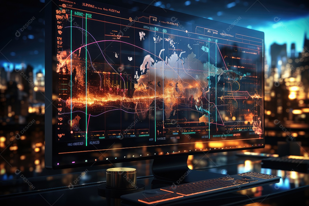 Diagramas de gráficos econômicos de segurança e financeiros em telas digitais Mercado de comércio mundial futuro e conceito econômico gerado por IA