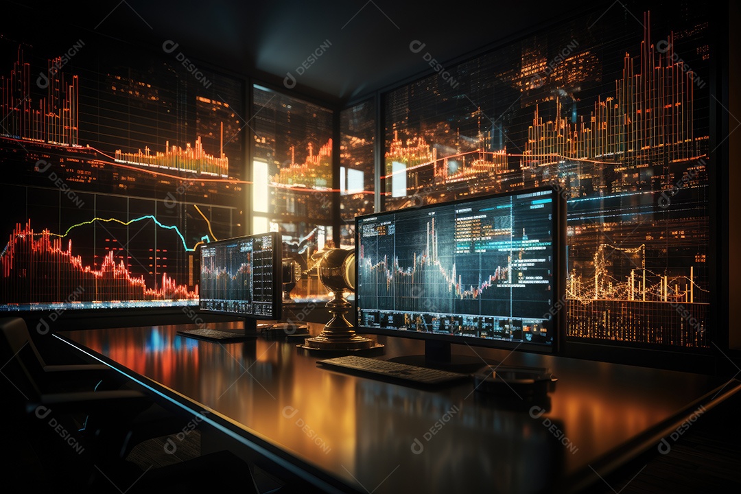 Diagramas de gráficos econômicos de segurança e financeiros em telas digitais Mercado de comércio mundial futuro e conceito econômico gerado por IA