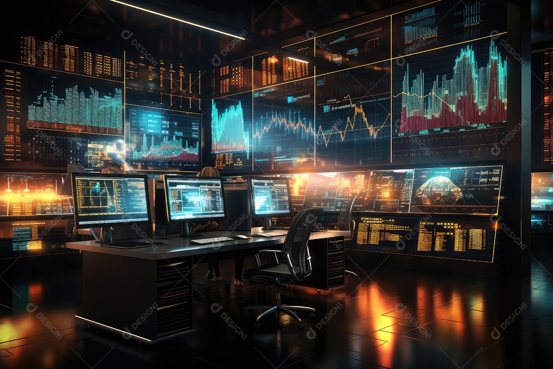Diagramas de gráficos econômicos de segurança e financeiros em telas digitais Mercado de comércio mundial futuro e conceito econômico gerado por IA