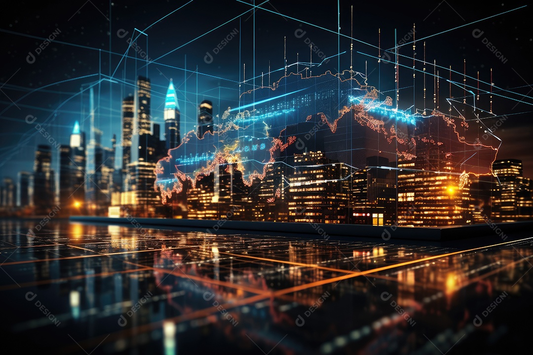 Diagramas de gráficos econômicos de segurança e financeiros em telas digitais Mercado de comércio mundial futuro e conceito econômico gerado por IA