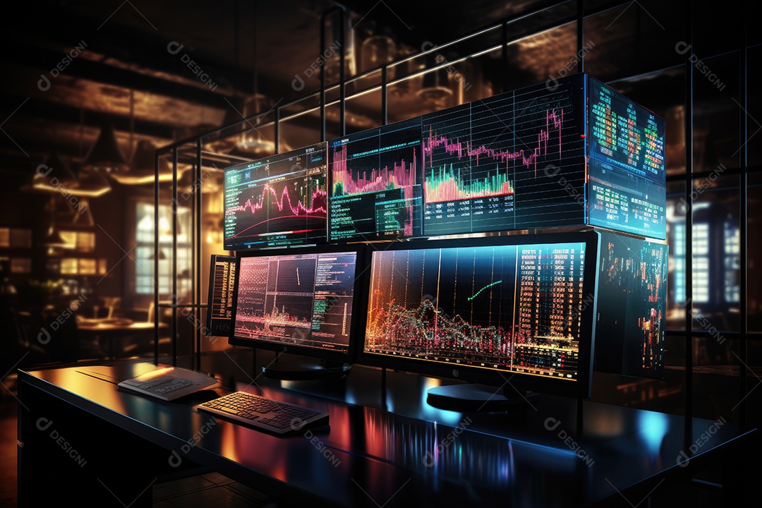 Diagramas de gráficos econômicos de segurança e financeiros em telas digitais Mercado de comércio mundial futuro e conceito econômico gerado por IA