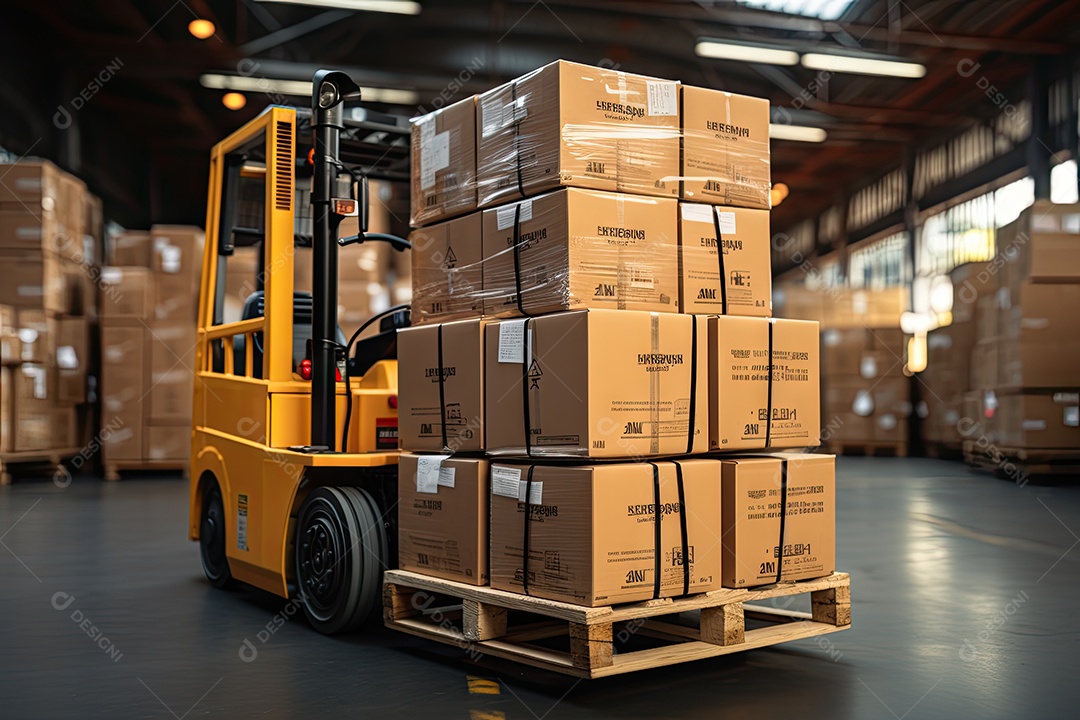 Indústrias que possuem armazéns ou áreas de armazenamento cheias de prateleiras e caixas de papelão gerado por IA