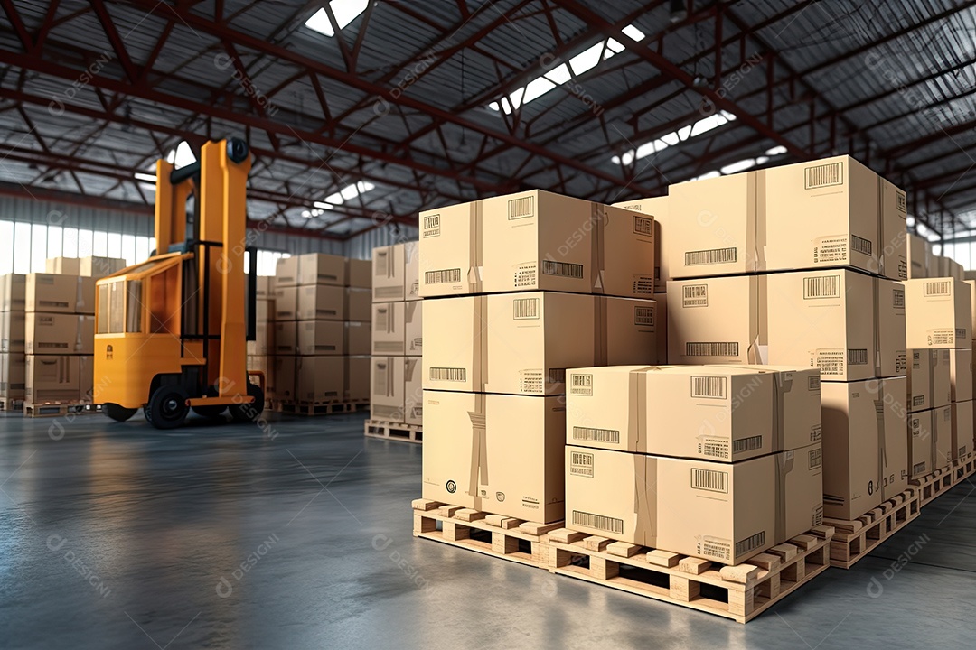 Indústrias que possuem armazéns ou áreas de armazenamento cheias de prateleiras e caixas de papelão gerado por IA