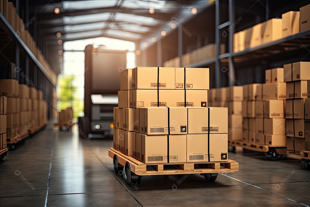 Indústrias que possuem armazéns ou áreas de armazenamento cheias de prateleiras e caixas de papelão gerado por IA