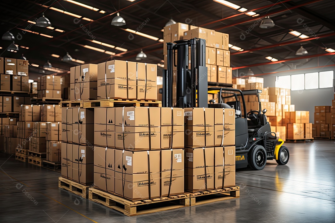 Indústrias que possuem armazéns ou áreas de armazenamento cheias de prateleiras e caixas de papelão gerado por IA