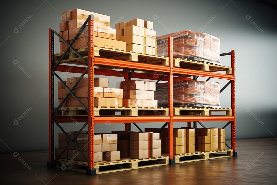 Indústrias que possuem armazéns ou áreas de armazenamento cheias de prateleiras e caixas de papelão gerado por IA