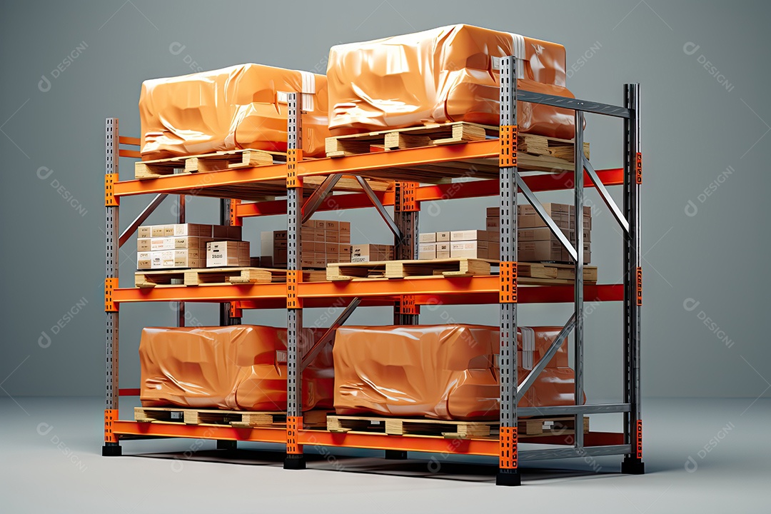 Indústrias que possuem armazéns ou áreas de armazenamento cheias de prateleiras e caixas de papelão gerado por IA