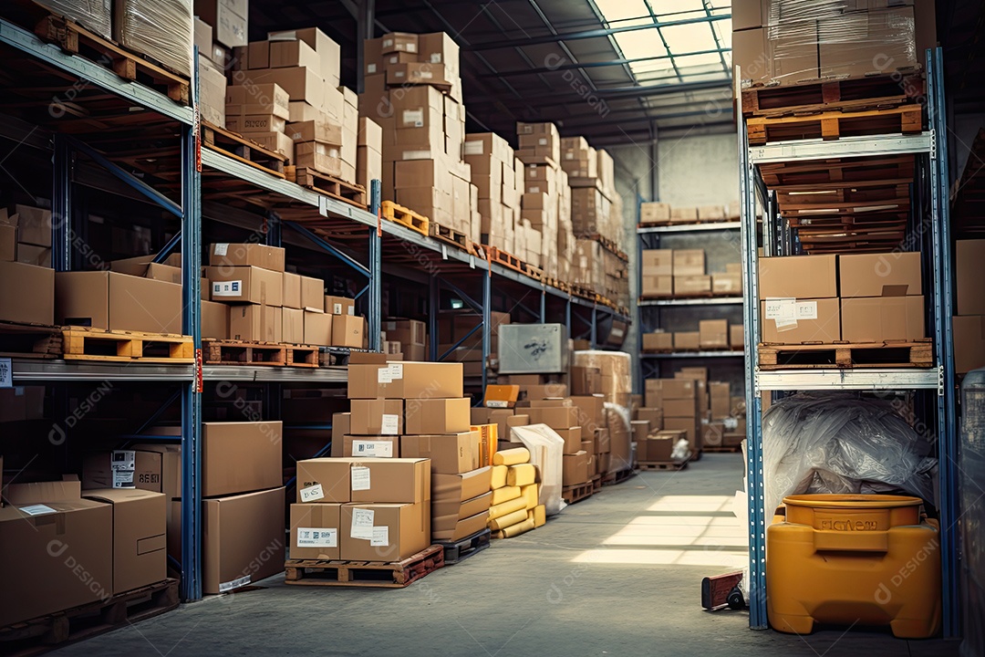 Indústrias que possuem armazéns ou áreas de armazenamento cheias de prateleiras e caixas de papelão gerado por IA