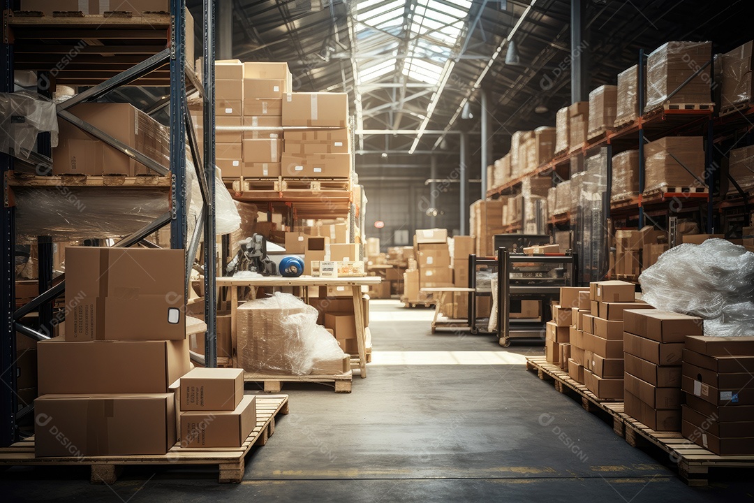 Indústrias que possuem armazéns ou áreas de armazenamento cheias de prateleiras e caixas de papelão gerado por IA