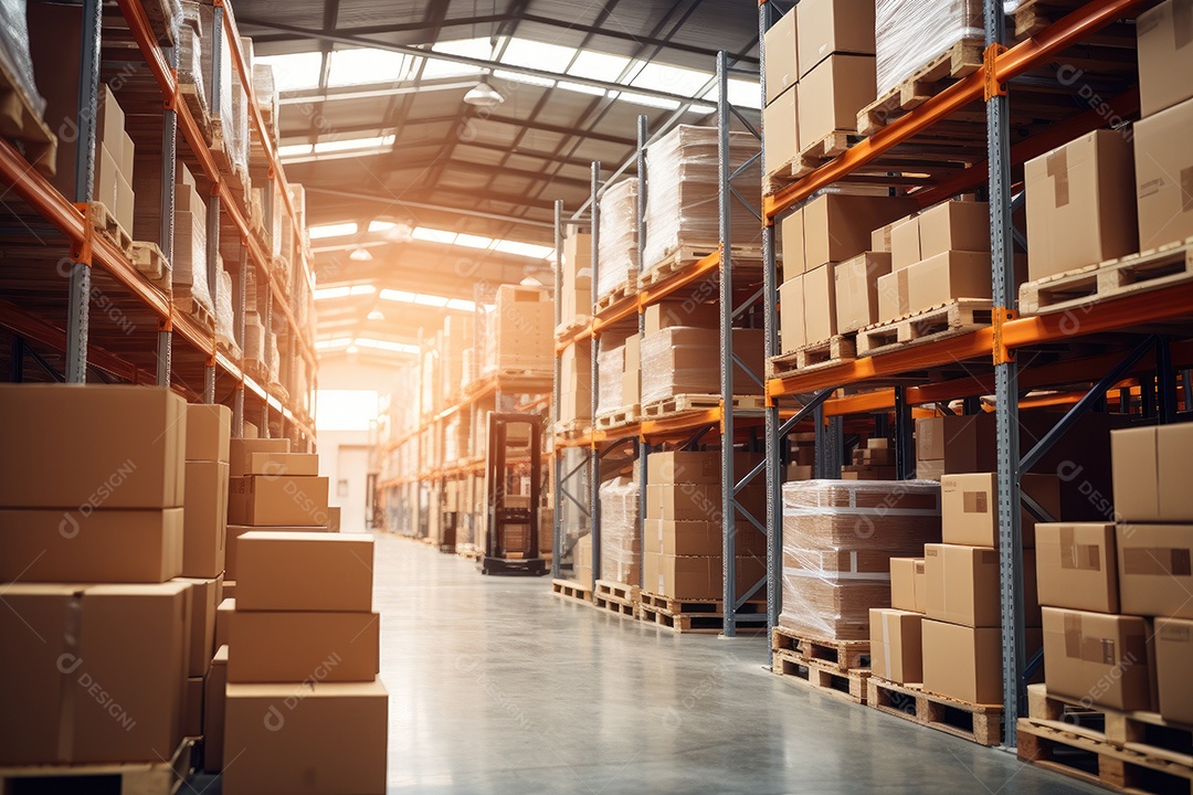Indústrias que possuem armazéns ou áreas de armazenamento cheias de prateleiras e caixas de papelão gerado por IA