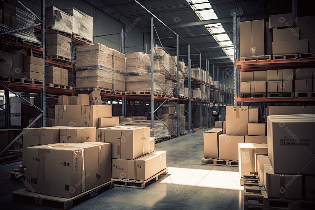 Indústrias que possuem armazéns ou áreas de armazenamento cheias de prateleiras e caixas de papelão gerado por IA
