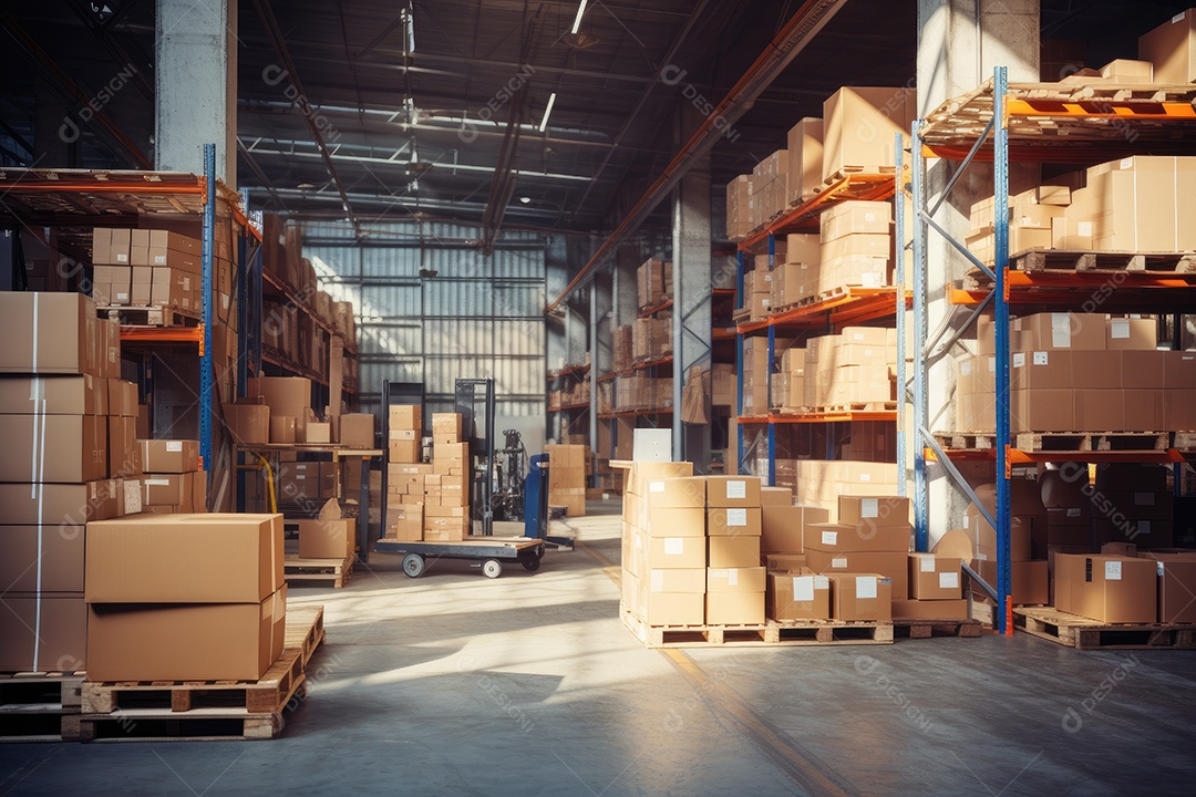 Indústrias que possuem armazéns ou áreas de armazenamento cheias de prateleiras e caixas de papelão gerado por IA