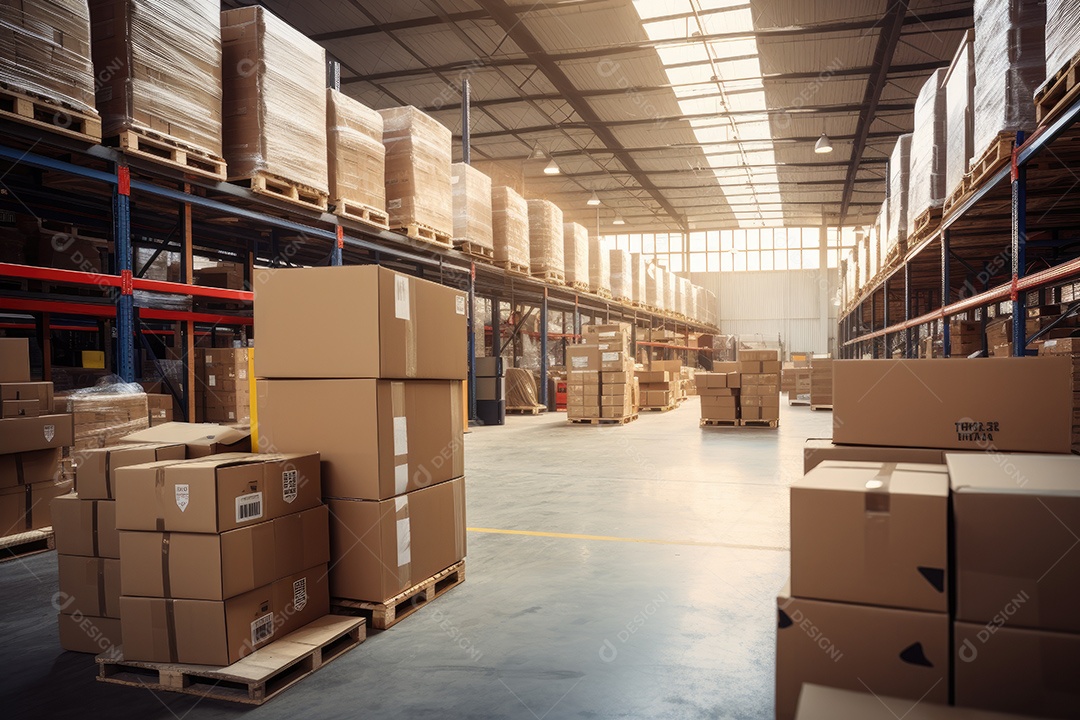 Indústrias que possuem armazéns ou áreas de armazenamento cheias de prateleiras e caixas de papelão gerado por IA