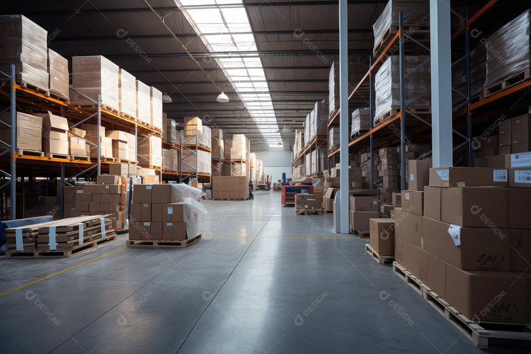 Indústrias que possuem armazéns ou áreas de armazenamento cheias de prateleiras e caixas de papelão gerado por IA