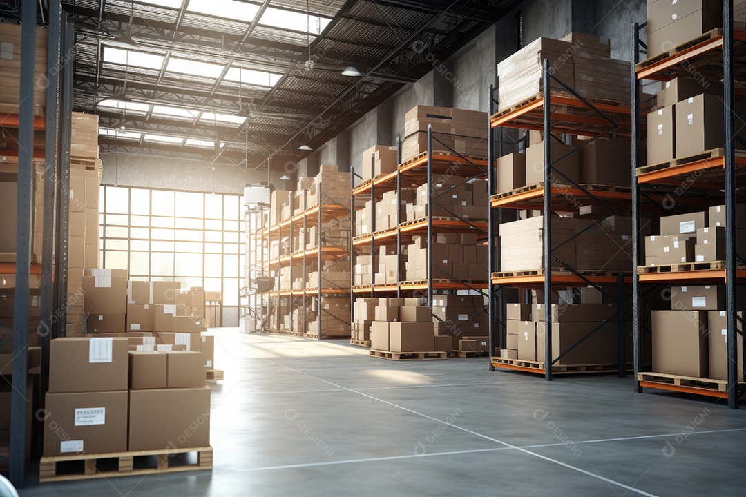 Indústrias que possuem armazéns ou áreas de armazenamento cheias de prateleiras e caixas de papelão gerado por IA