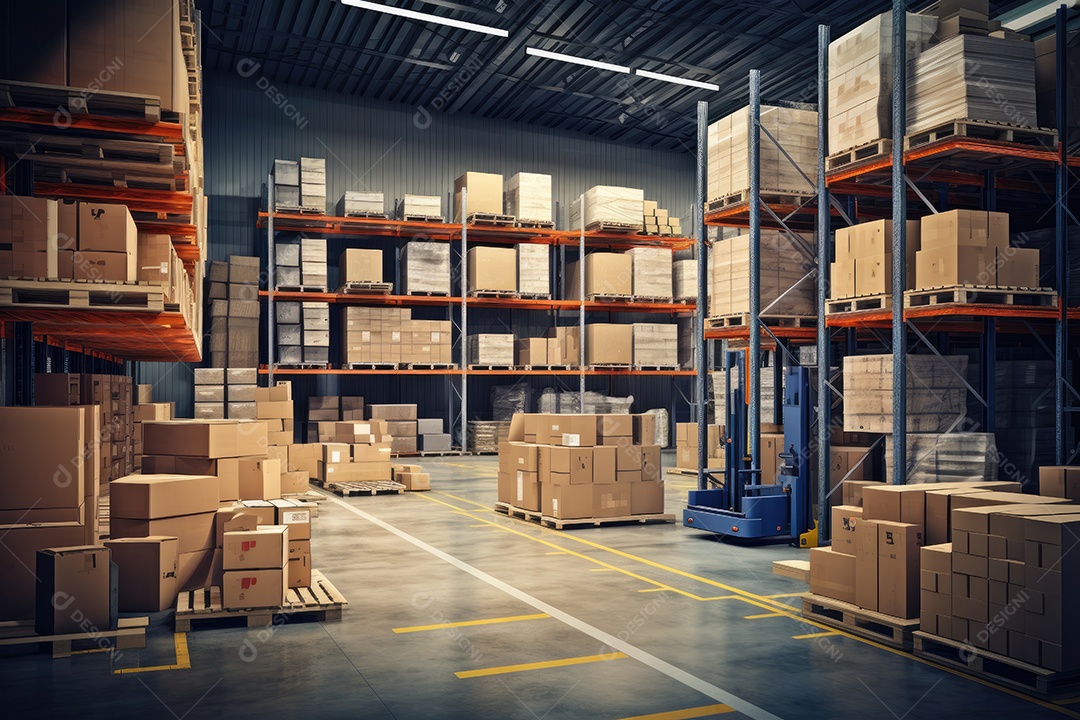 Indústrias que possuem armazéns ou áreas de armazenamento cheias de prateleiras e caixas de papelão gerado por IA