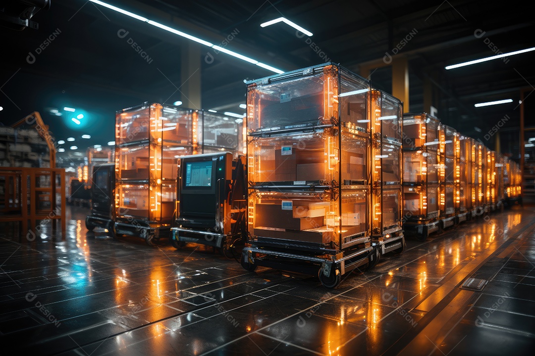 Um robô de transporte de carga está estacionado no chão perto de prateleiras com mercadorias em um amplo armazém iluminado à noite gerado por IA