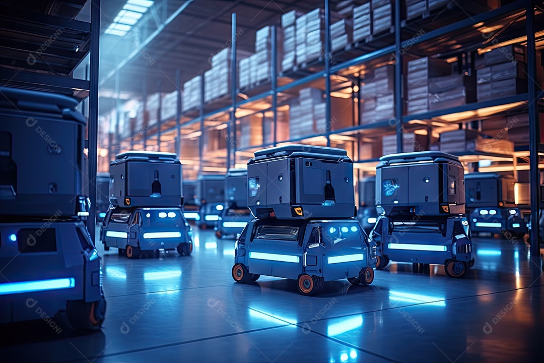 Um robô de transporte de carga está estacionado no chão perto de prateleiras com mercadorias em um amplo armazém iluminado à noite gerado por IA