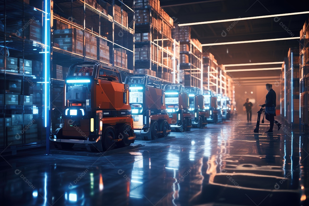 Um robô de transporte de carga está estacionado no chão perto de prateleiras com mercadorias em um amplo armazém iluminado à noite gerado por IA
