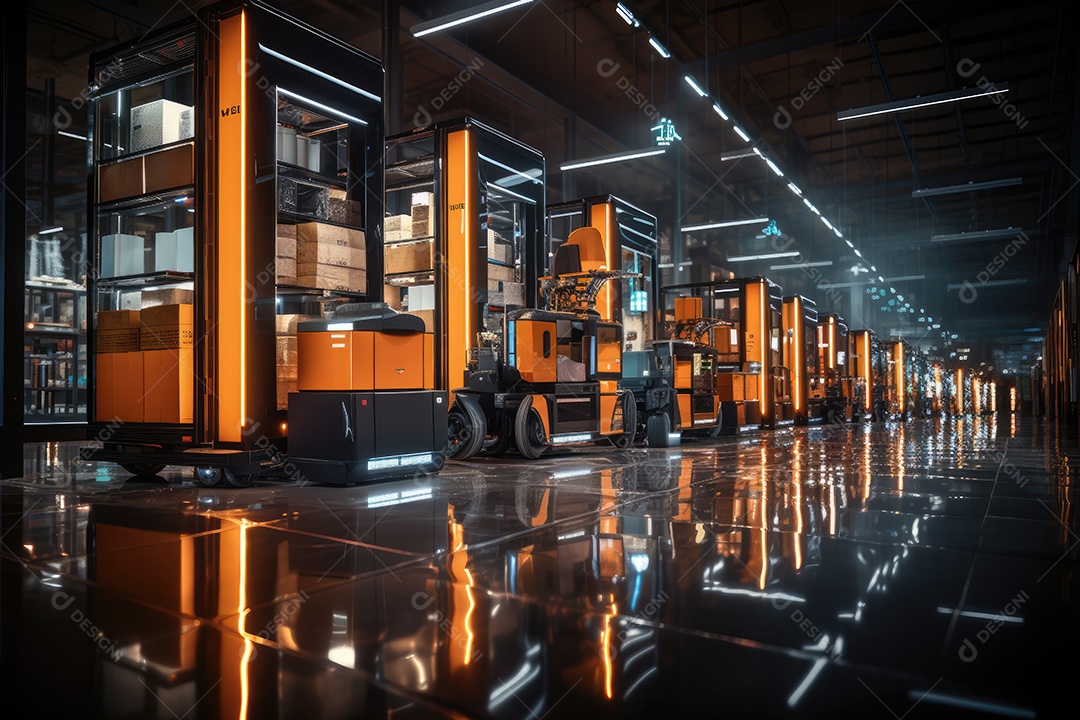 Um robô de transporte de carga está estacionado no chão perto de prateleiras com mercadorias em um amplo armazém iluminado à noite gerado por IA