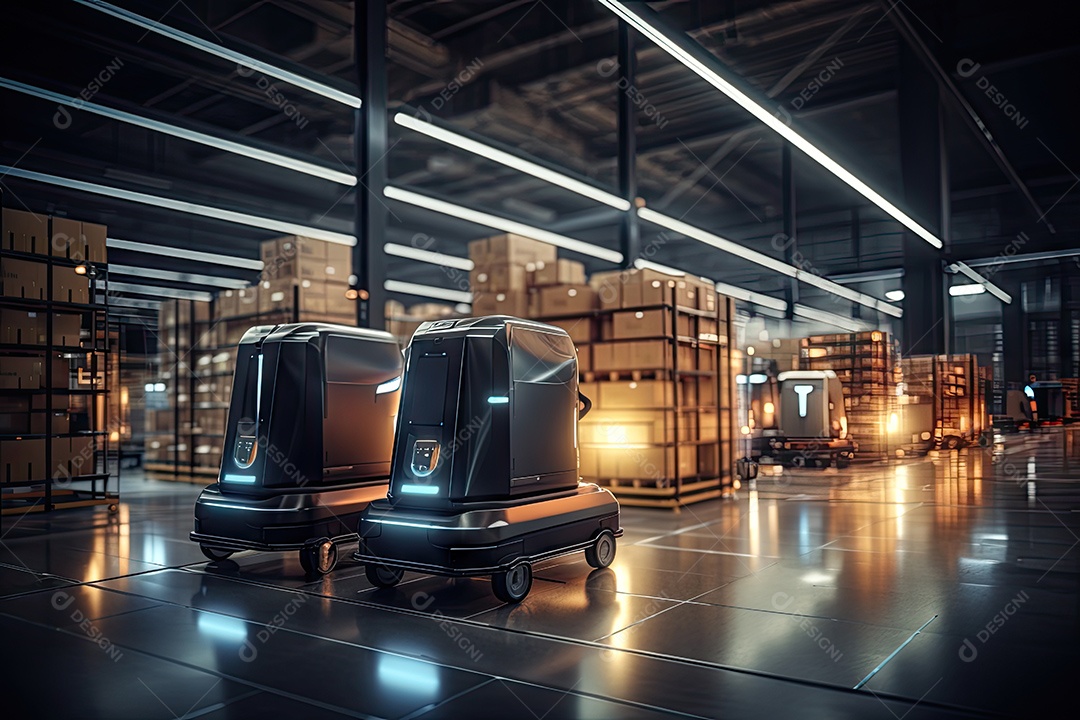 Um robô de transporte de carga está estacionado no chão perto de prateleiras com mercadorias em um amplo armazém iluminado à noite gerado por IA