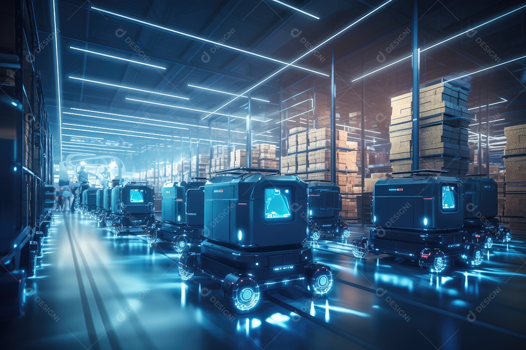 Um robô de transporte de carga está estacionado no chão perto de prateleiras com mercadorias em um amplo armazém iluminado à noite gerado por IA