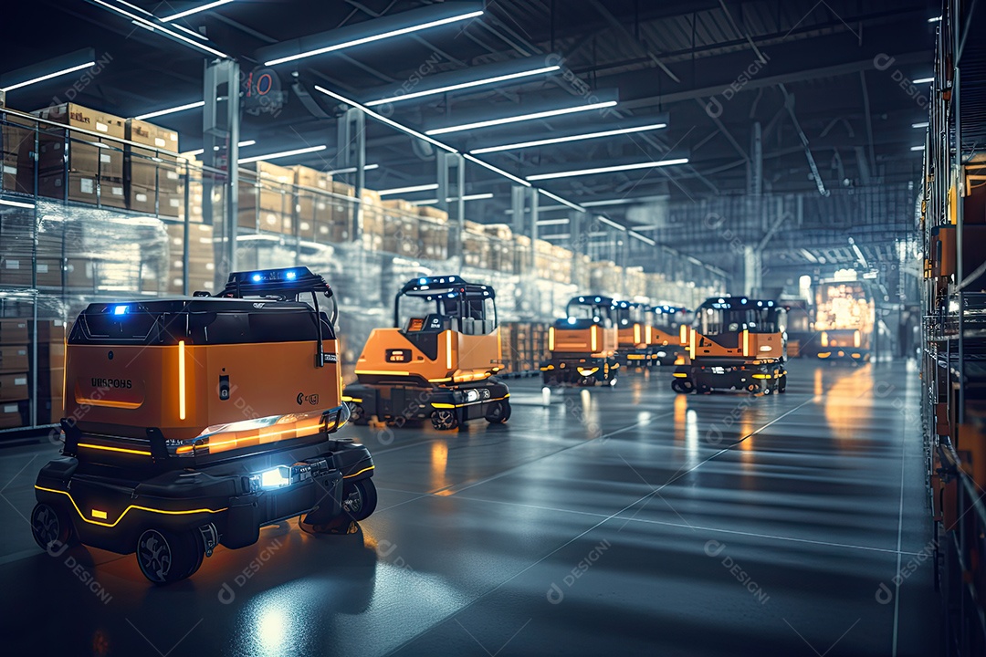 Um robô de transporte de carga está estacionado no chão perto de prateleiras com mercadorias em um amplo armazém iluminado à noite gerado por IA