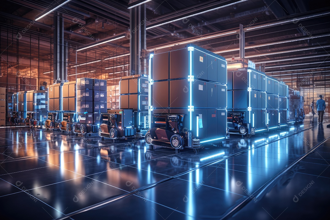 Um robô de transporte de carga está estacionado no chão perto de prateleiras com mercadorias em um amplo armazém iluminado à noite gerado por IA