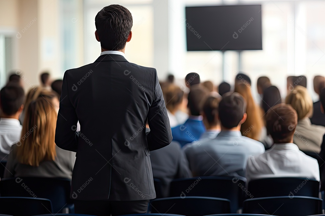 Visão traseira do homem de negócios se apresentando em frente às pessoas gerado por IA