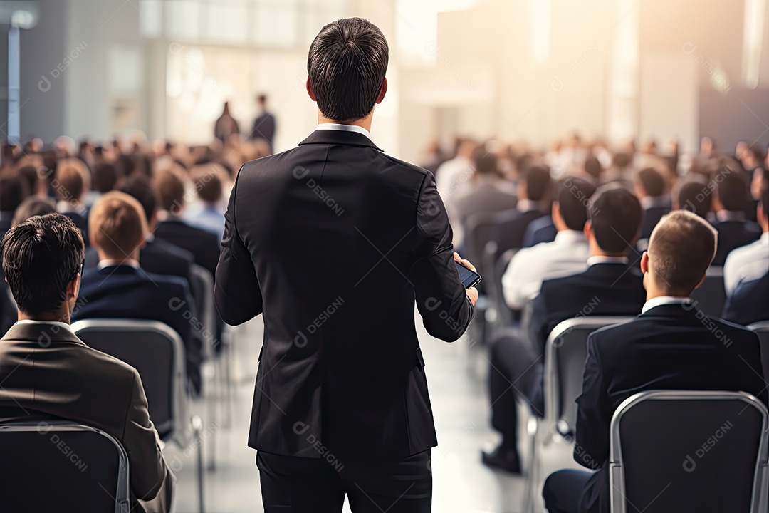 Visão traseira do homem de negócios se apresentando em frente às pessoas gerado por IA