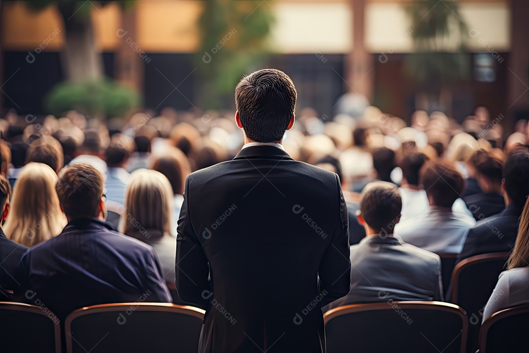 Visão traseira do homem de negócios se apresentando em frente às pessoas gerado por IA
