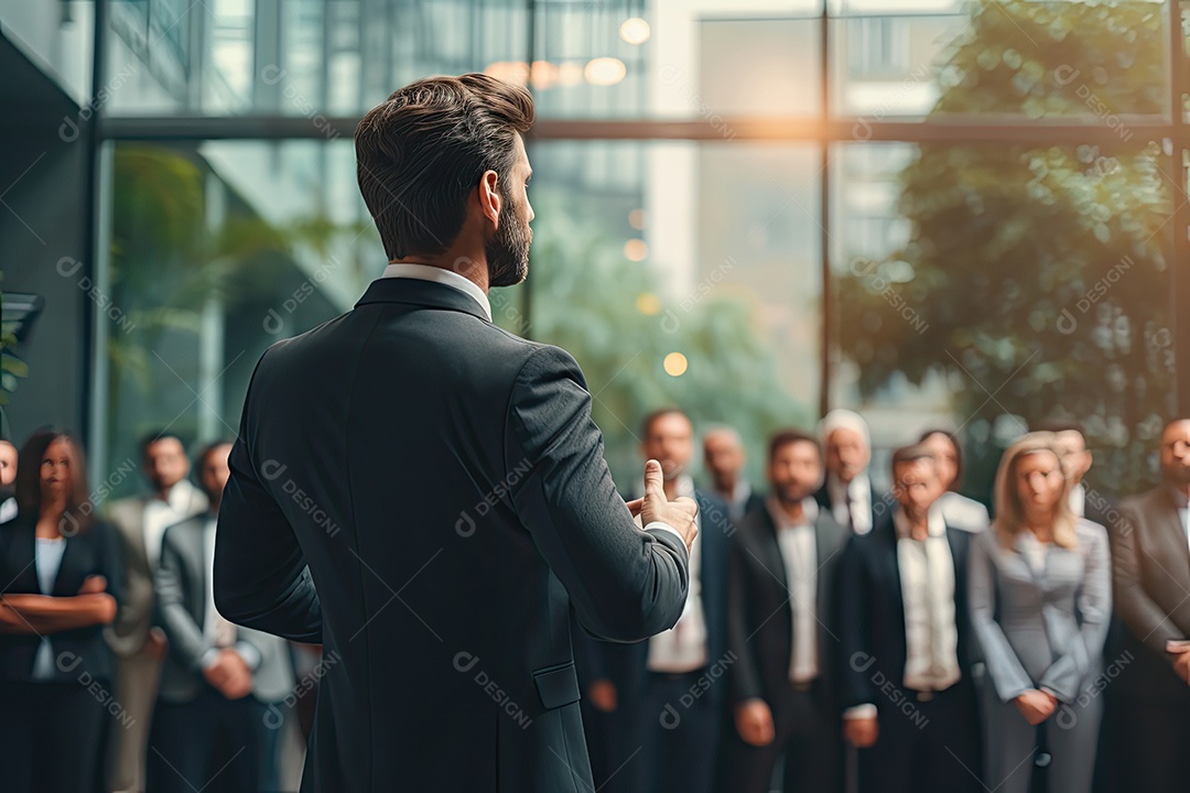 Visão traseira do homem de negócios se apresentando em frente às pessoas gerado por IA
