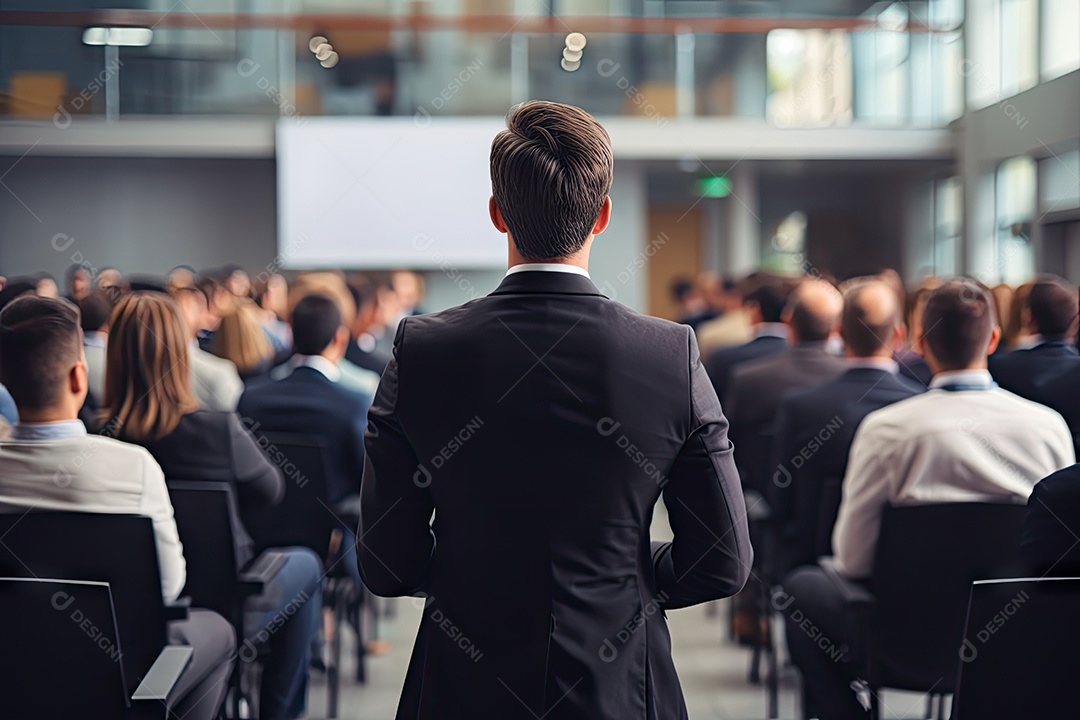 Visão traseira do homem de negócios se apresentando em frente às pessoas gerado por IA