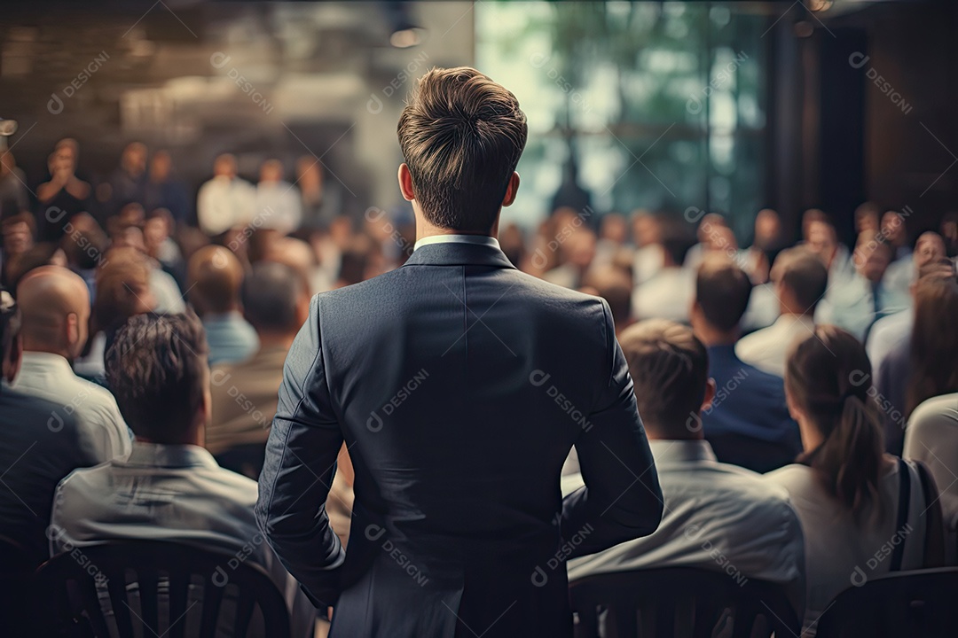 Visão traseira do homem de negócios se apresentando em frente às pessoas gerado por IA