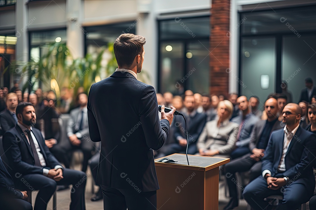 Visão traseira do homem de negócios se apresentando em frente às pessoas gerado por IA