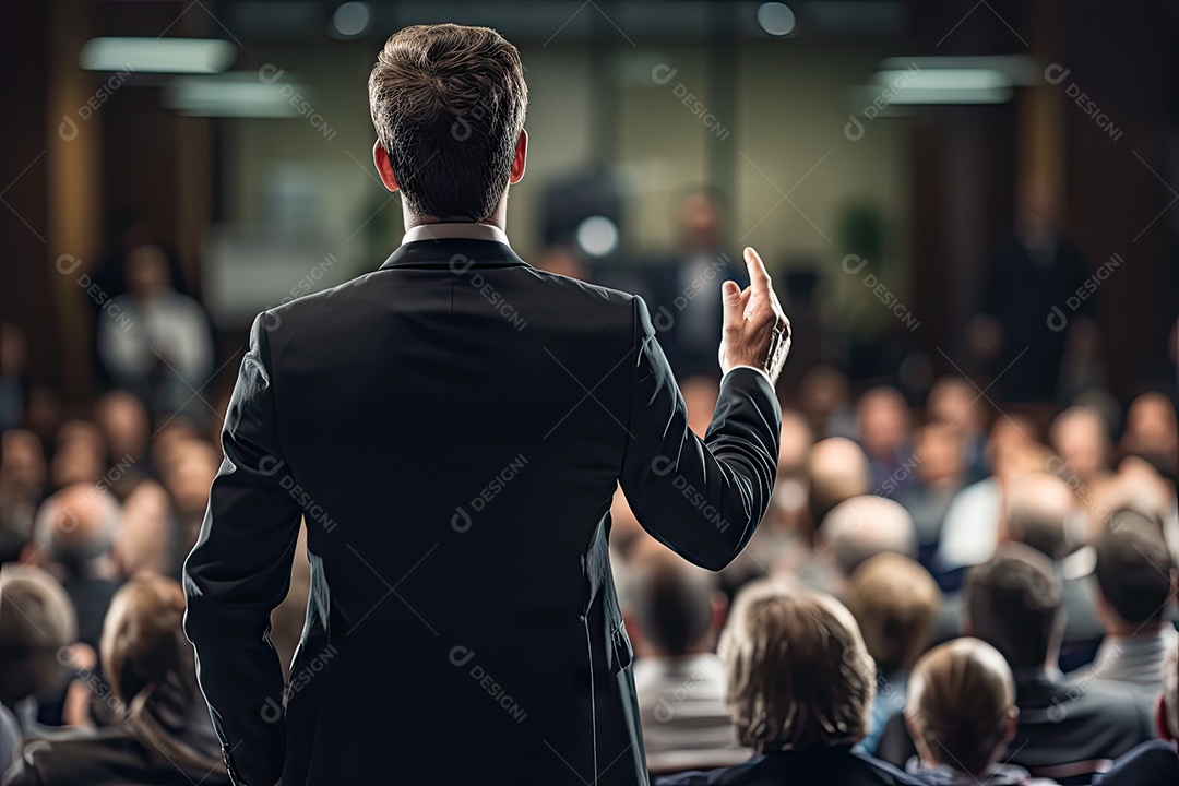 Visão traseira do homem de negócios se apresentando em frente às pessoas gerado por IA