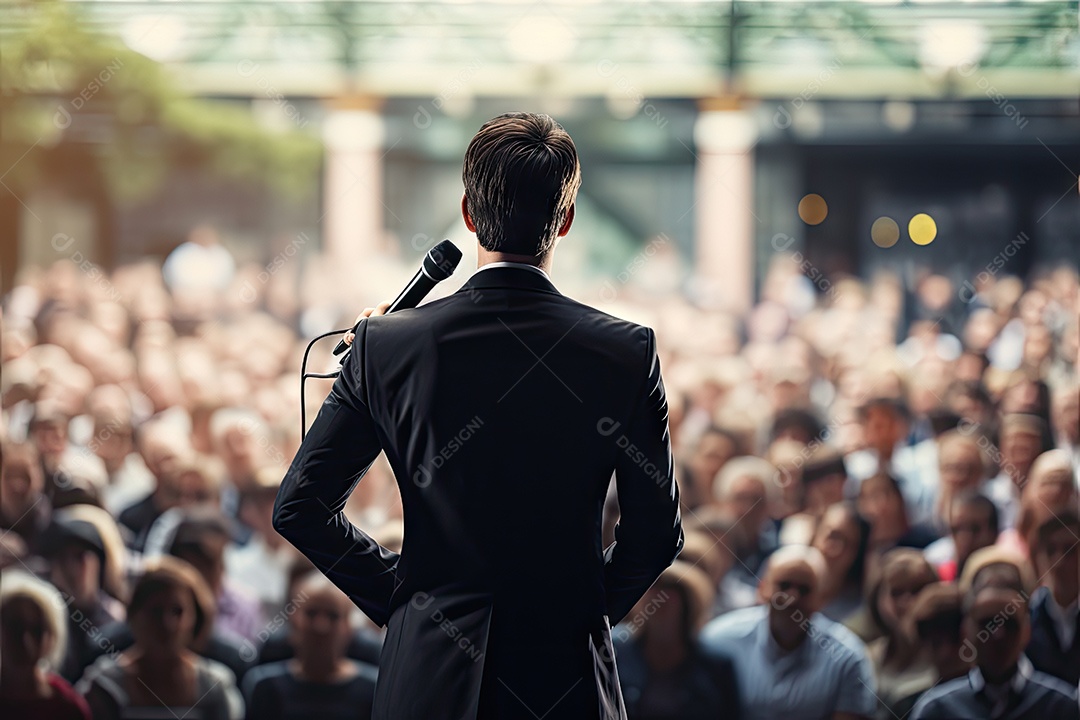 Visão traseira do homem de negócios se apresentando em frente às pessoas gerado por IA
