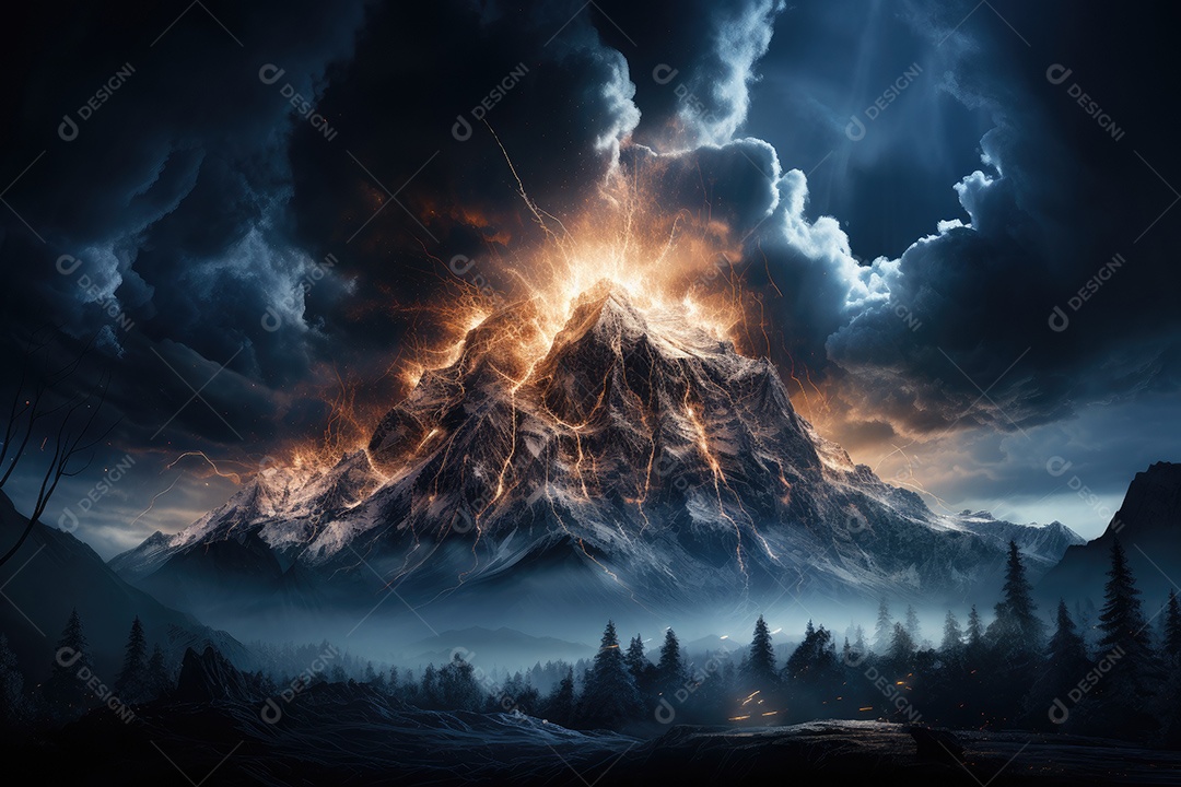 Uma imagem inspiradora de uma montanha atingida por um raio tendo como pano de fundo a Via Láctea gerada pela IA