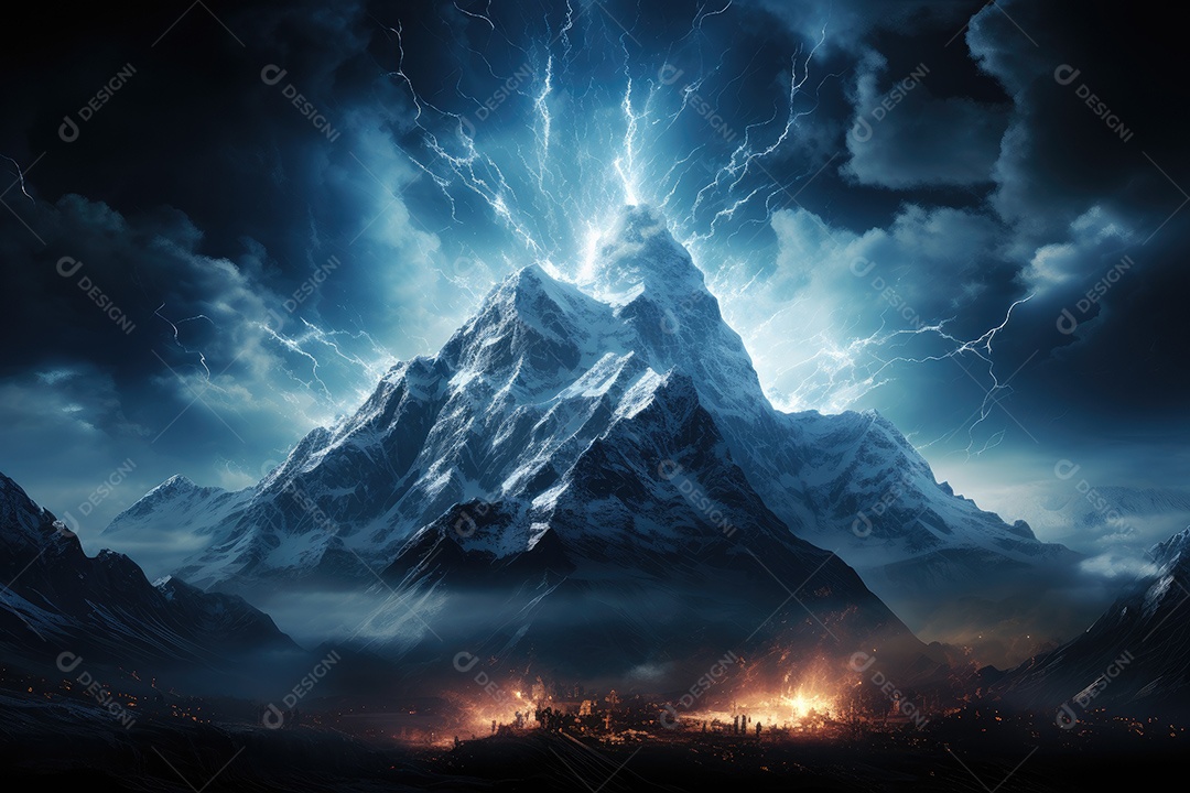 Uma imagem inspiradora de uma montanha atingida por um raio tendo como pano de fundo a Via Láctea gerada pela IA