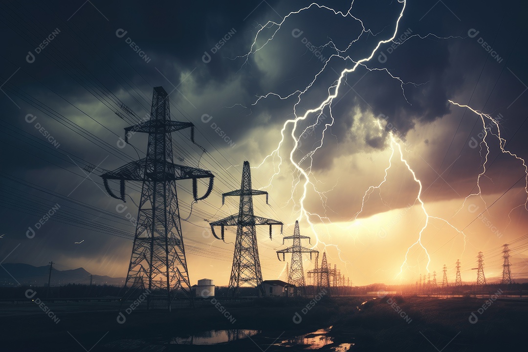 Imagem de chuva torrencial intensa tempestade com raios e céu sombrio acima de torres elétricas gerado por IA