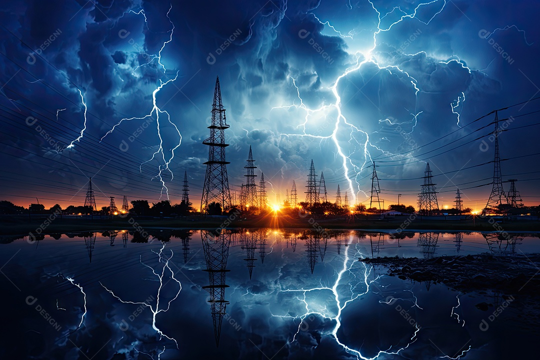 Imagem de chuva torrencial intensa tempestade com raios e céu sombrio acima de torres elétricas gerado por IA