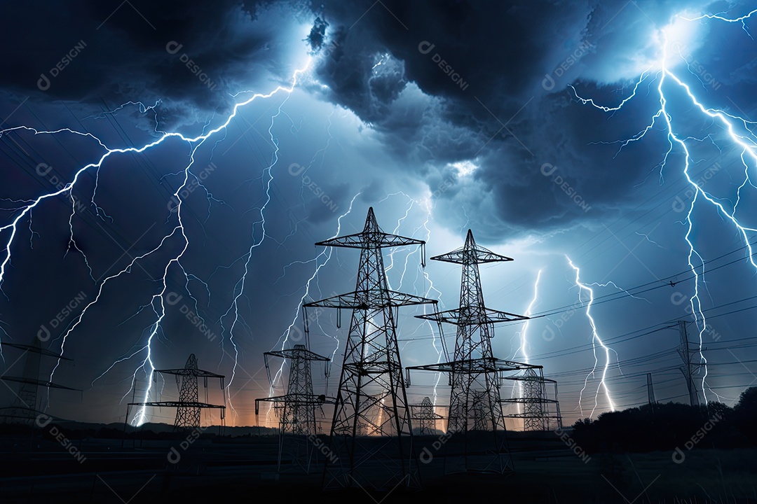 Imagem de chuva torrencial intensa tempestade com raios e céu sombrio acima de torres elétricas gerado por IA