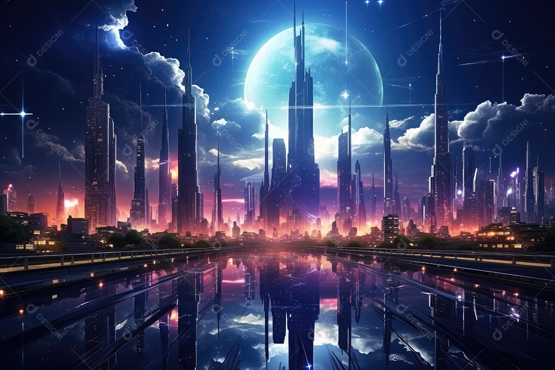 Fundo de paisagem urbana com noite escura e cibernética gerado por IA