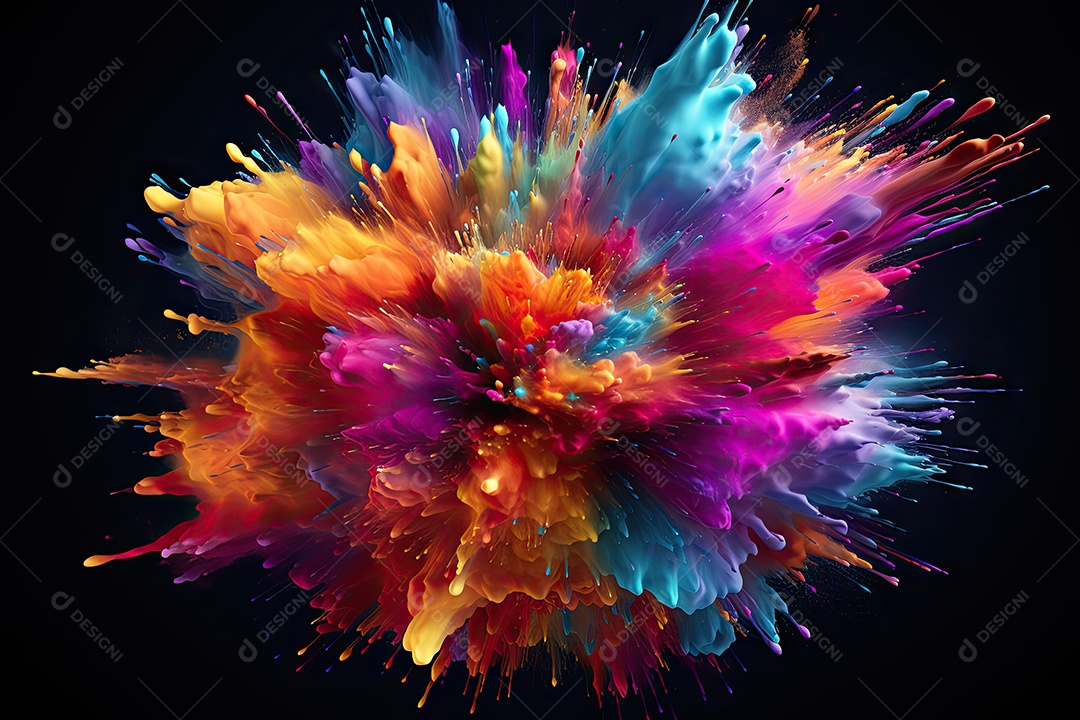 Explosão colorida abstrata em fundo preto gerado por IA