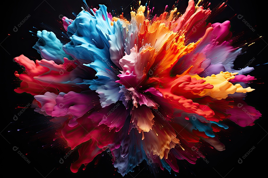 Explosão colorida abstrata em fundo preto gerado por IA