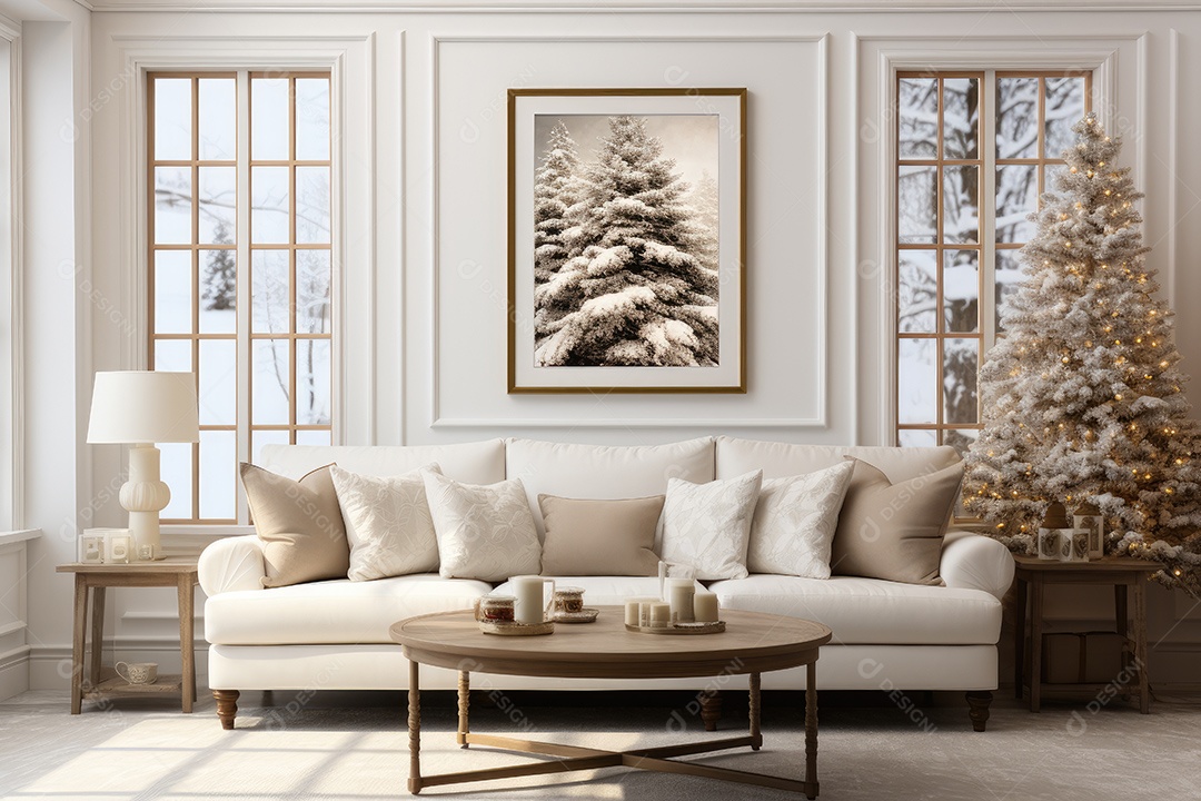 Sala de estar decorada para o Natal com árvores gerado por IA