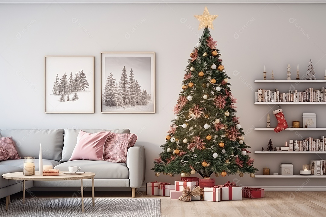 Sala de estar decorada para o Natal com árvores e presentes gerado por IA