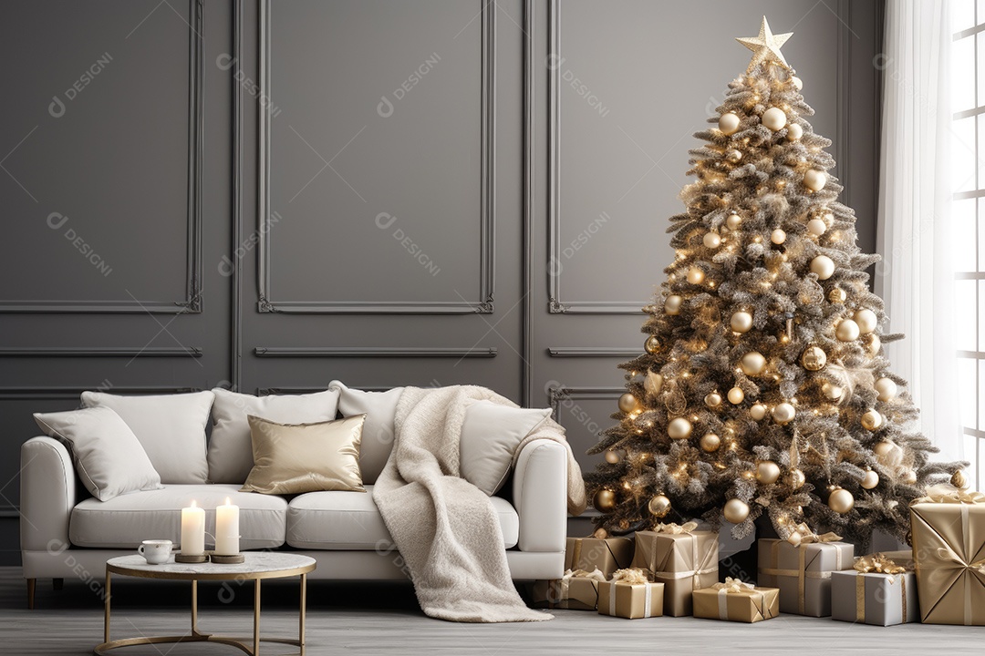 Sala de estar decorada para o Natal com árvores e presentes gerado por IA