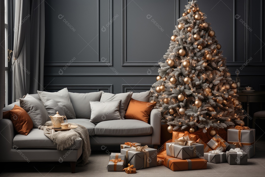 Sala de estar decorada para o Natal com árvores e presentes gerado por IA